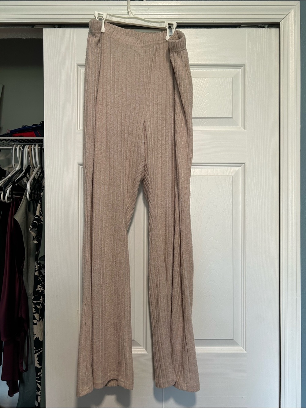 SHEIN Ribbed Wide-Leg Knit Pants - Light Mauve